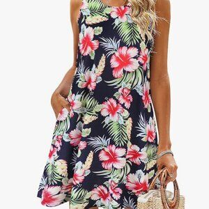 XL Tropical Women Beach Floral Tshirt Sundress Casual w/ Pockets - PreLoved